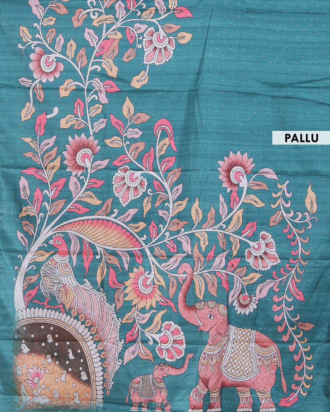Elegant Semi Tussar Silk Saree with Hand-Painted Elephant and Floral Motifs - Teal