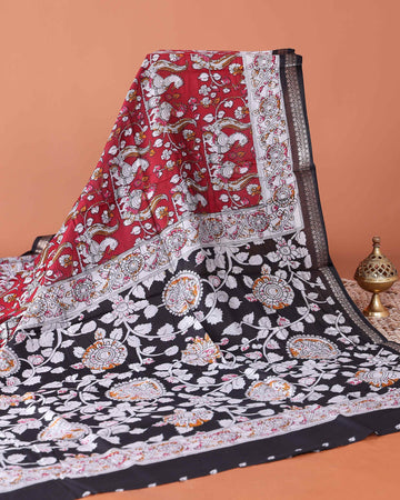 Classic Semi Chanderi Saree with Kalamkari Inspired Print and Zari Border - Red