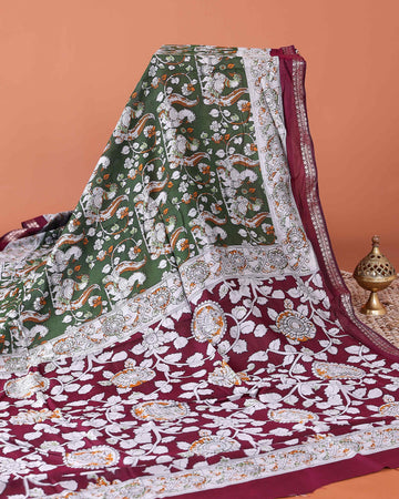 Classic Semi Chanderi Saree with Kalamkari Inspired Print and Zari Border - Green