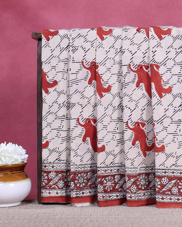 Traditional Bagru Print Cotton Saree with Traditional Elephant Motif and Floral Border - Off White