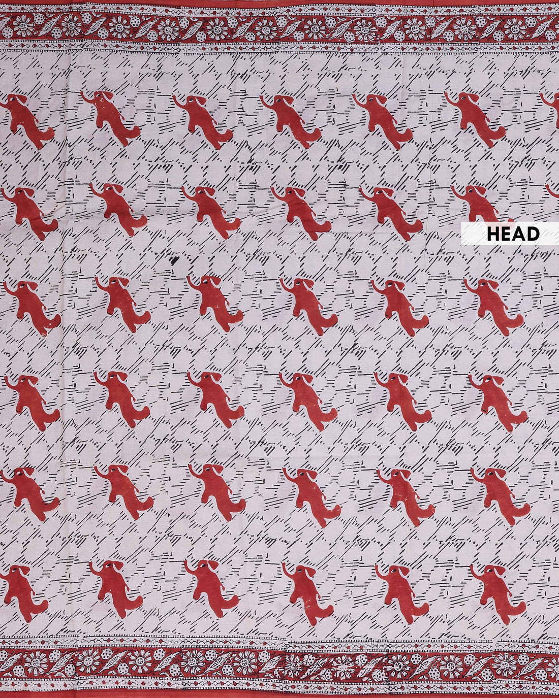 Traditional Bagru Print Cotton Saree with Traditional Elephant Motif and Floral Border - Off White