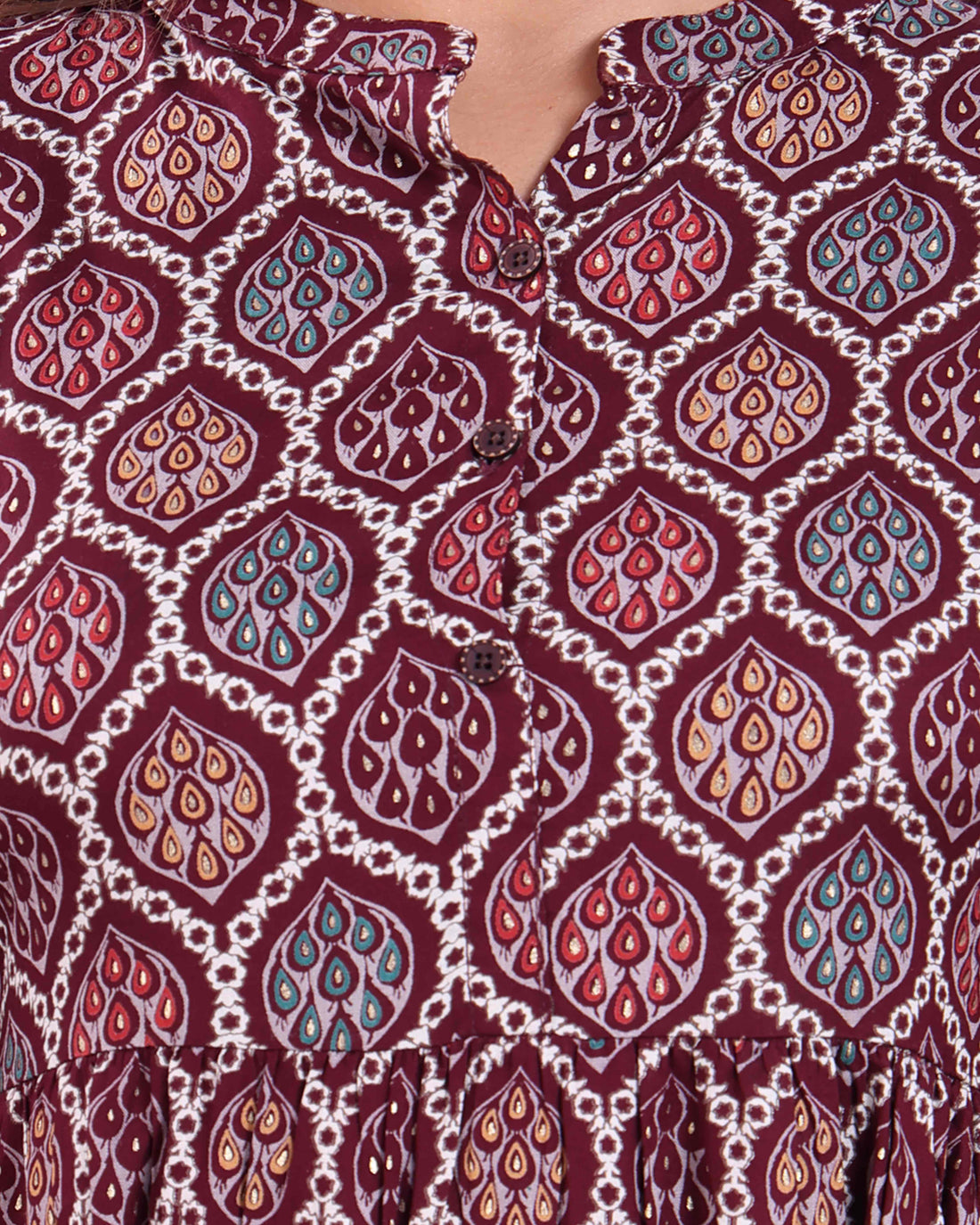 Women's Abstract Printed Cotton Blend Pleated Kurta - Maroon
