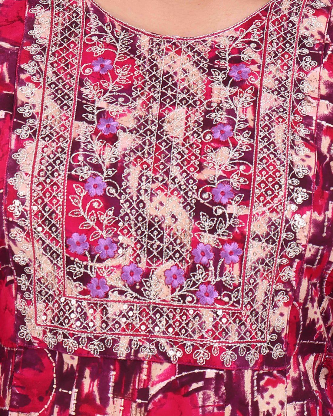Women's Elegant Embroidered & Floral Printed Flared Kurta - Maroon