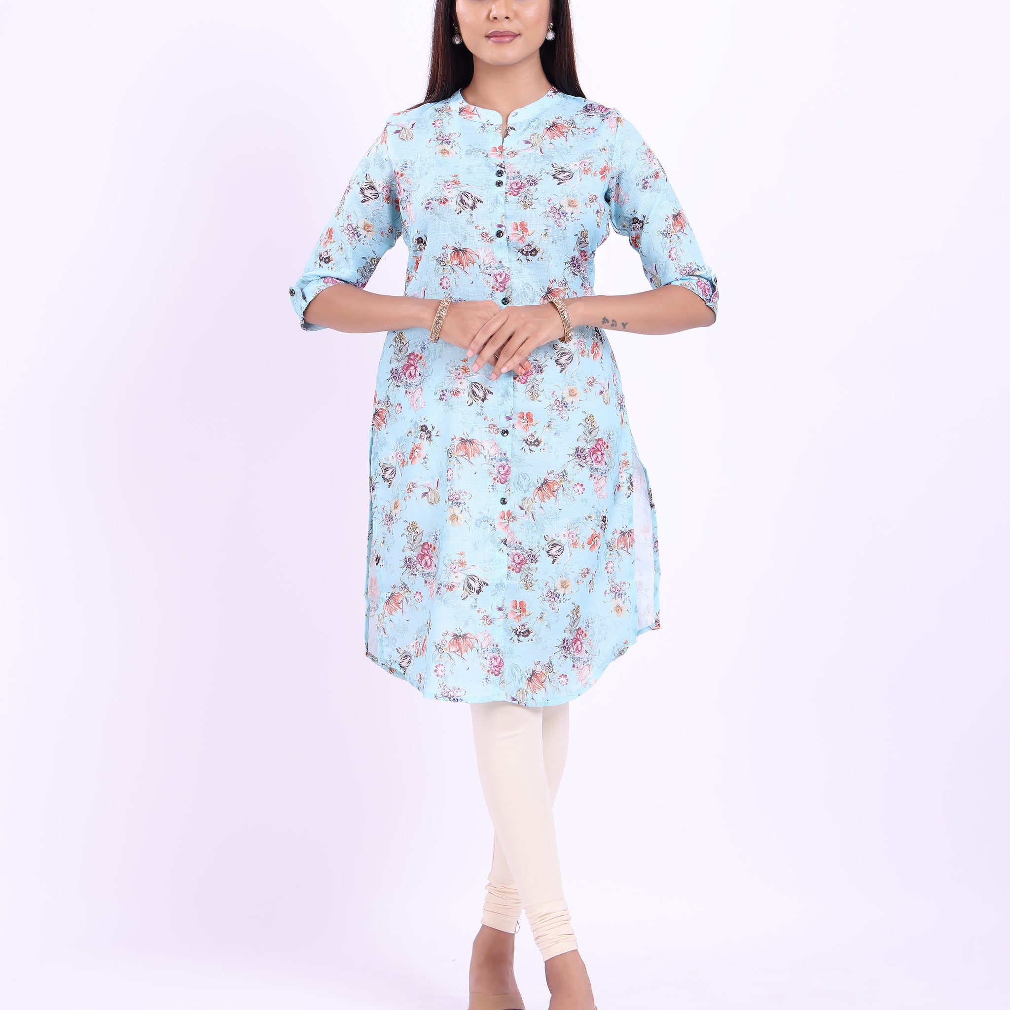 Stylish Women's Light Blue Buttoned down Printed Kurti