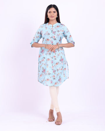 Stylish Women's Light Blue Buttoned down Printed Kurti