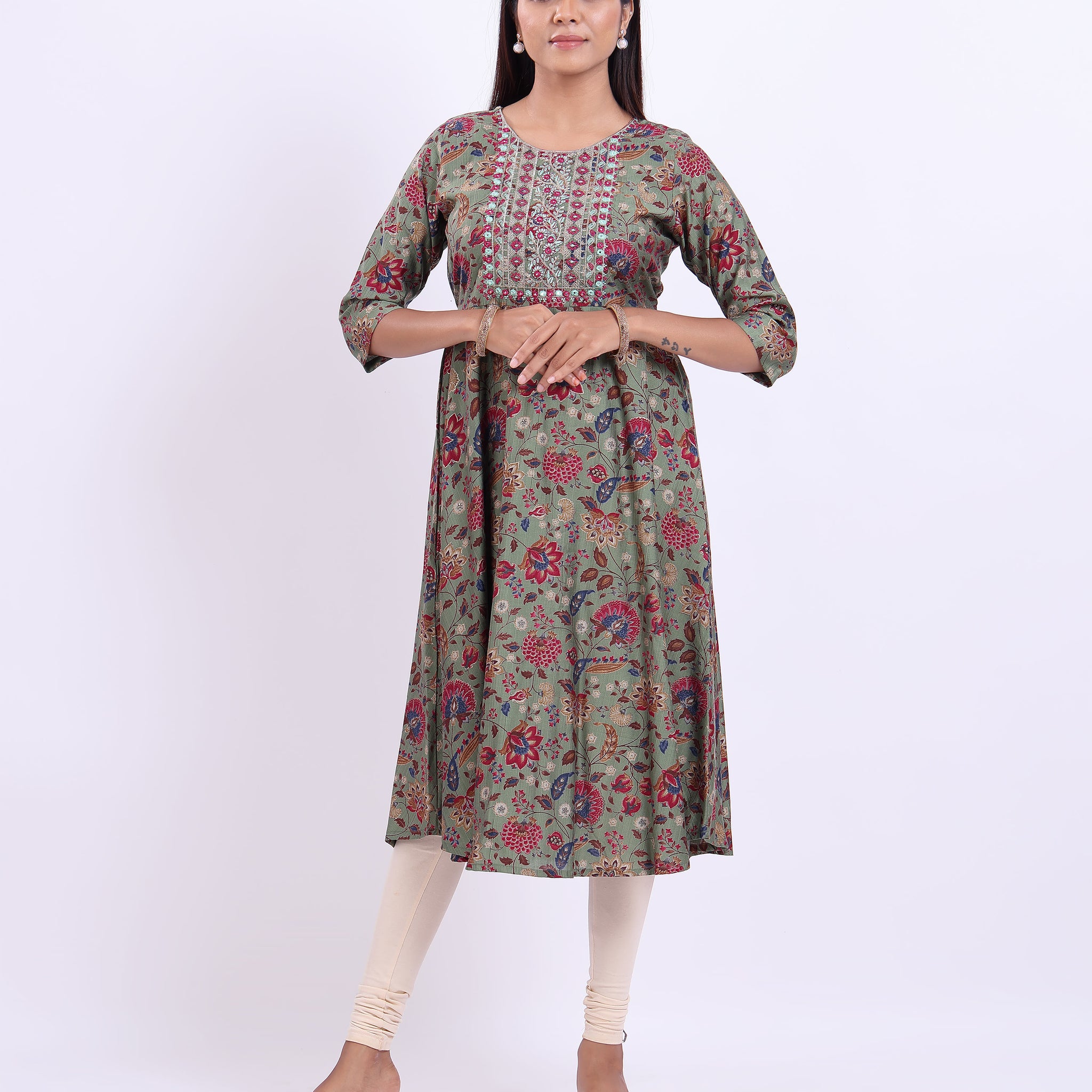Women's Floral Print A-Line Kurta with Embroidered Yoke -  Green