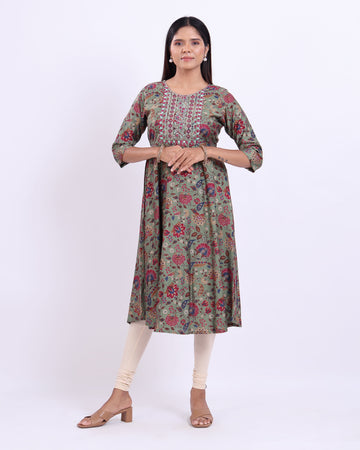 Women's Floral Print A-Line Kurta with Embroidered Yoke -  Green
