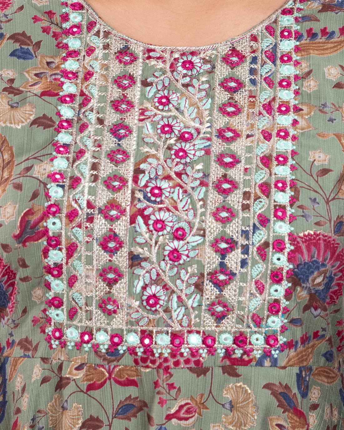 Women's Floral Print A-Line Kurta with Embroidered Yoke -  Green