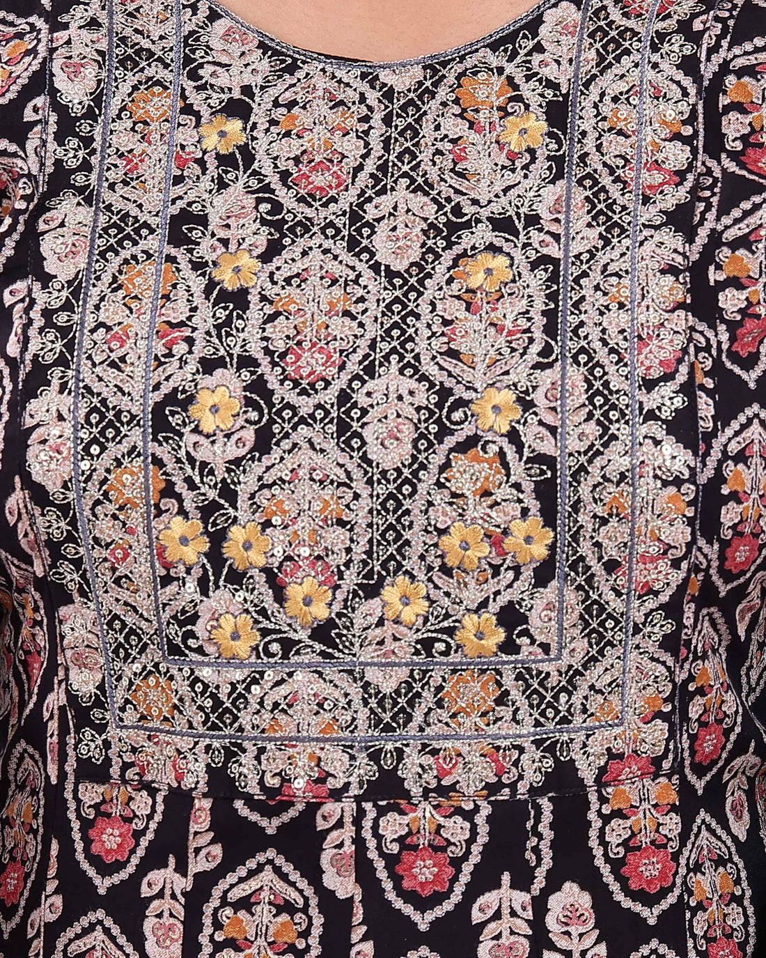 Floral Printed Straight Kurta with Embroidered Yoke and 3/4th Sleeves - Black
