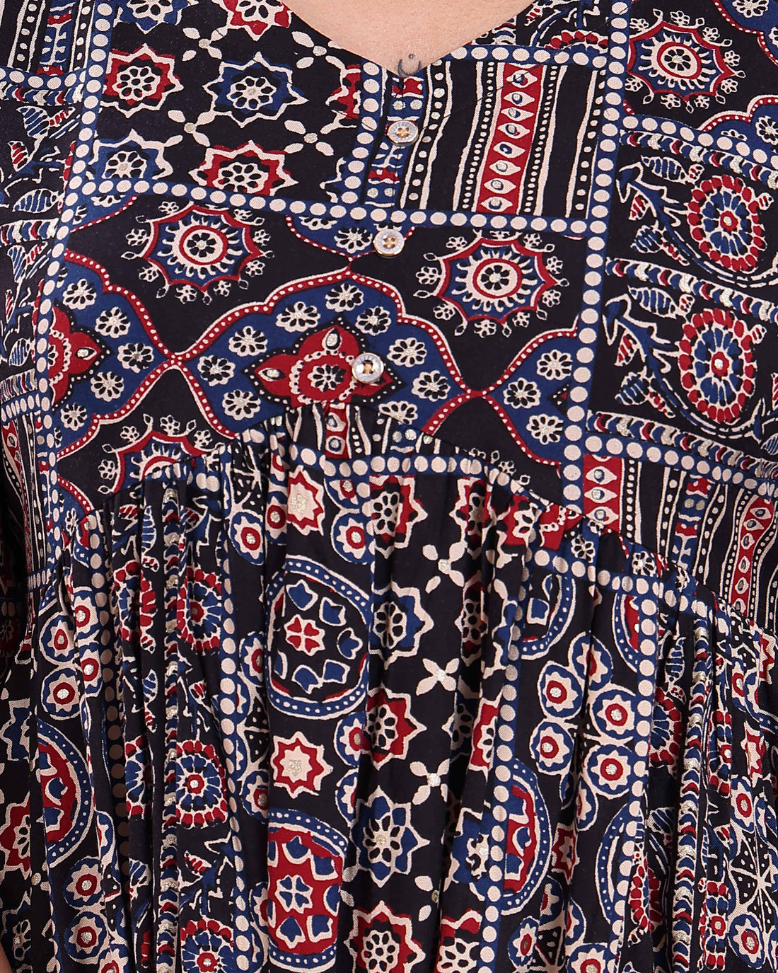 Women's Tribal Printed Flared Kurta with V-Neck - Black