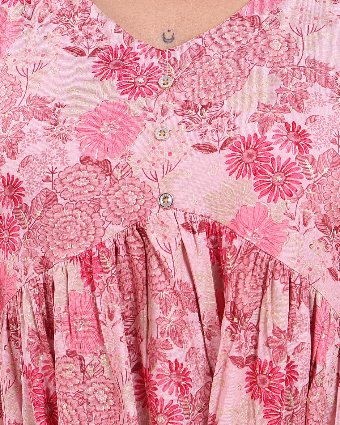 Women's Floral Printed Empire-Cut Kurta with 3/4 th Sleeves  - Pink