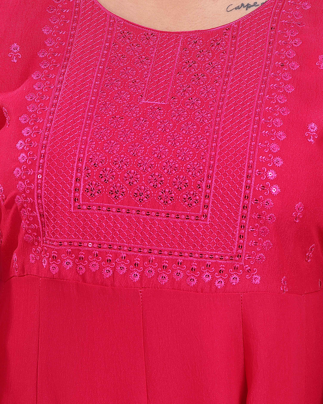 Solid A-Line Kurta with Embroidered Yoke and 3/4th Sleeves - Magenta