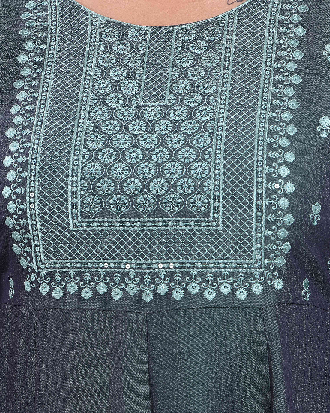 Women's Embroidered Flared Kurta with Round Neck and 3/4th Sleeves -  Green