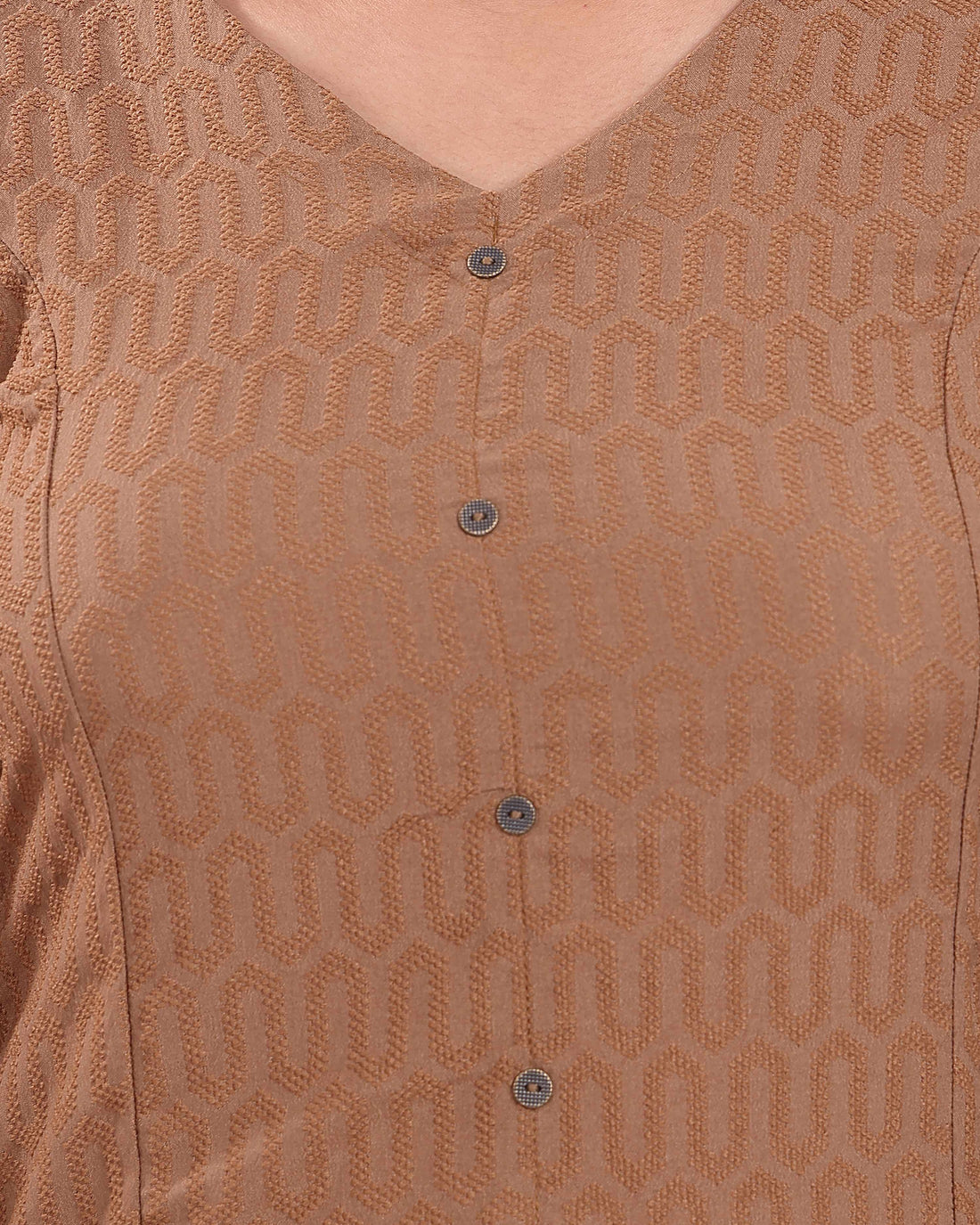 Women's Self-Design Cotton Straight Kurta with V-Neck - Light Brown