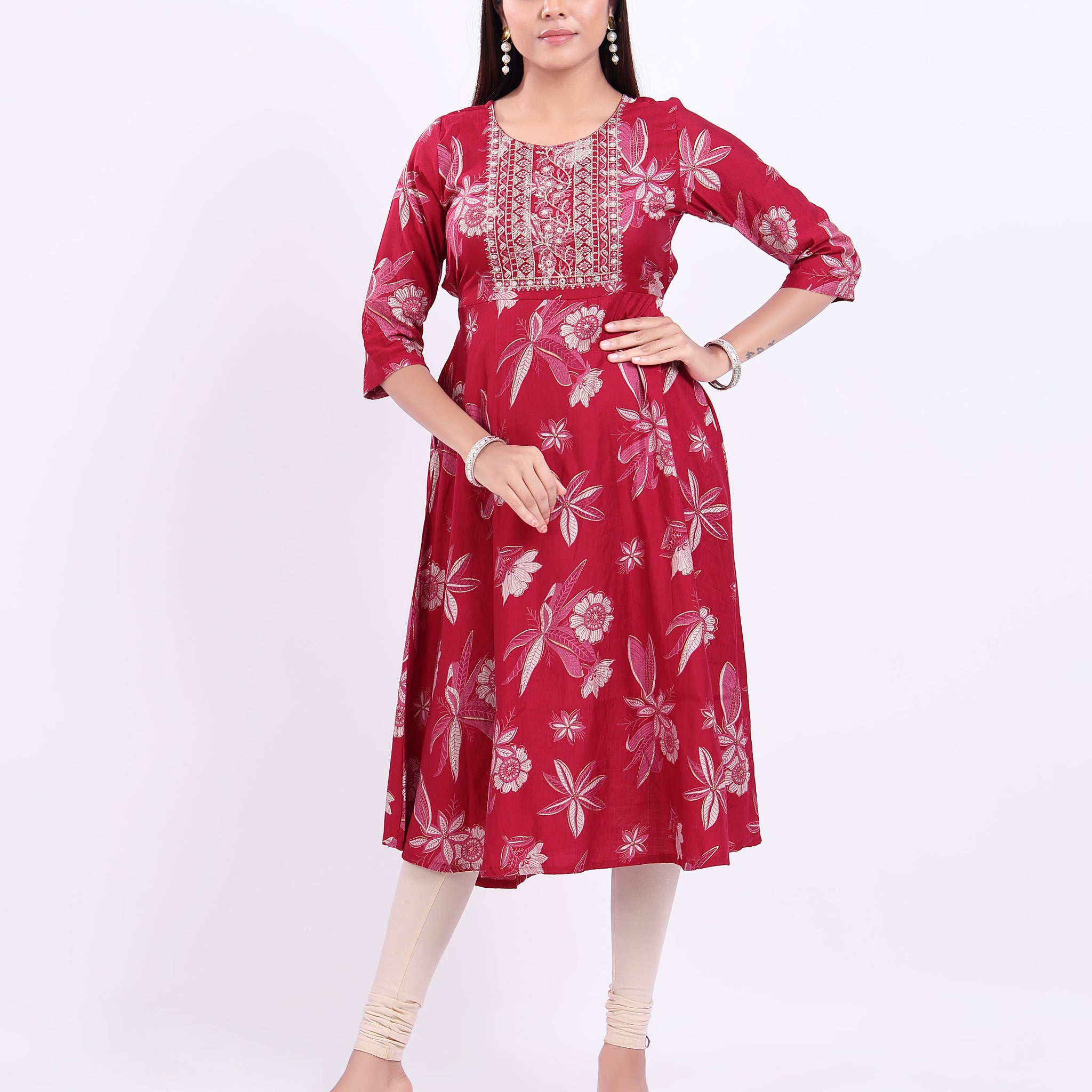 Women's Floral Printed Cotton A-Line Kurta with Embroidered Yoke -  Red