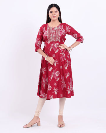 Women's Floral Printed Cotton A-Line Kurta with Embroidered Yoke -  Red
