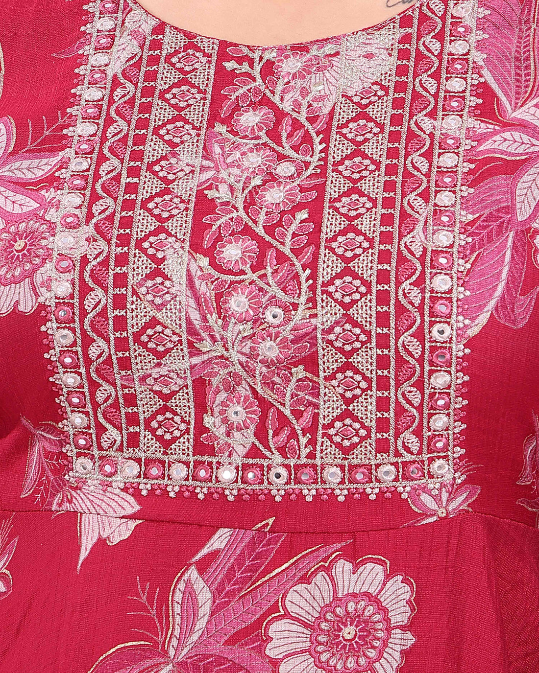 Women's Floral Printed Cotton A-Line Kurta with Embroidered Yoke -  Red