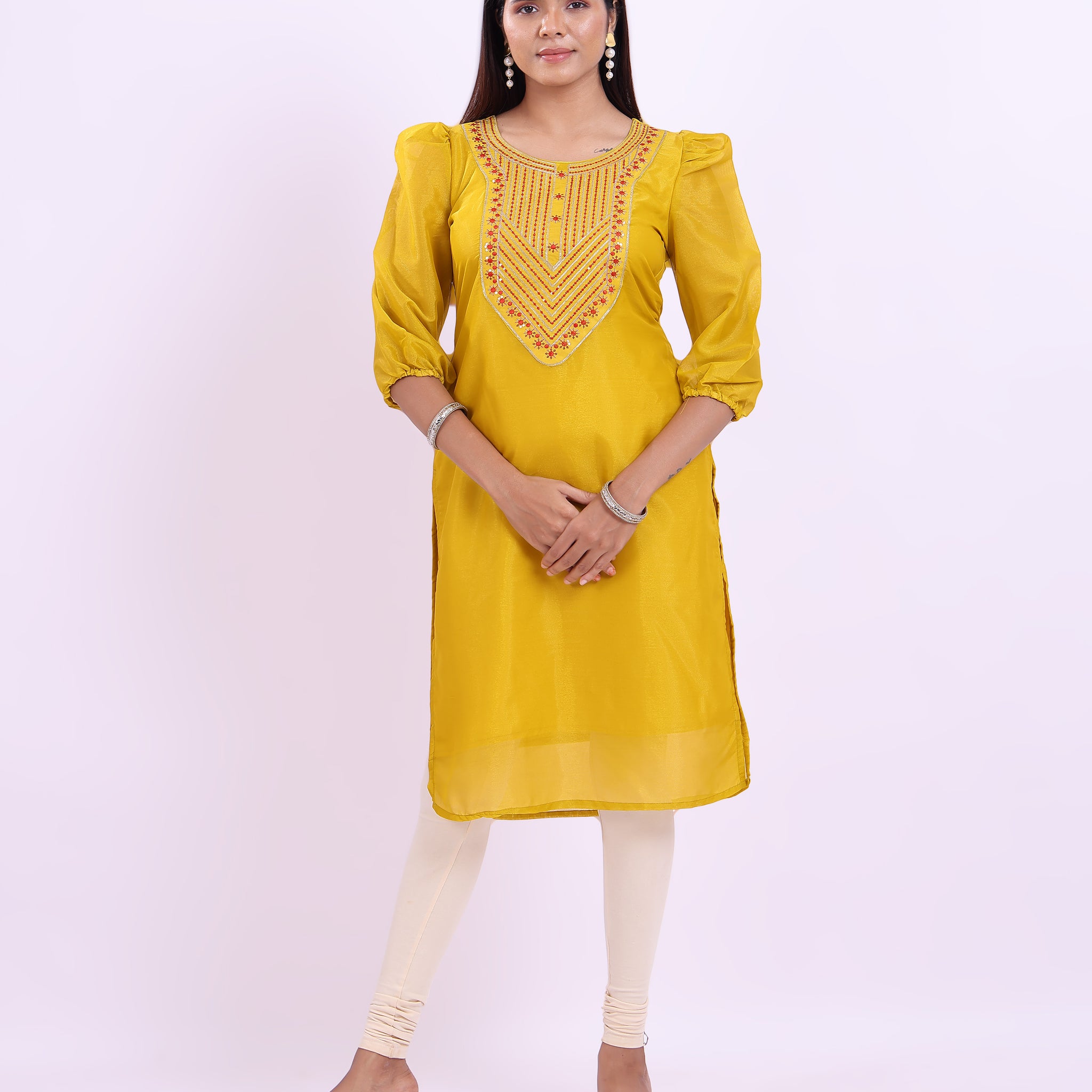 Embroidered Ethnic Kurta for Women with 3/4th Sleeves and Round Neck - Gold