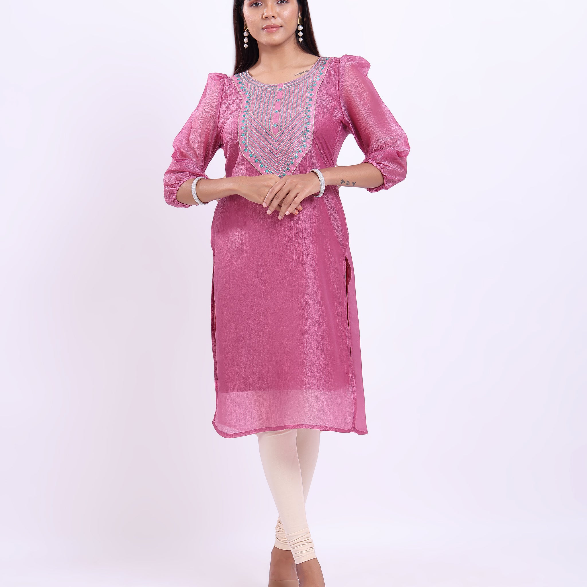 Embroidered Ethnic Kurta for Women with 3/4th Sleeves and Round Neck - Pink