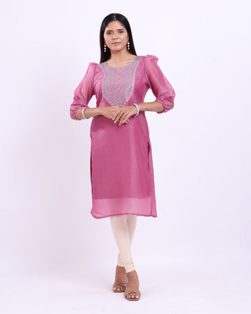 Embroidered Ethnic Kurta for Women with 3/4th Sleeves and Round Neck - Pink