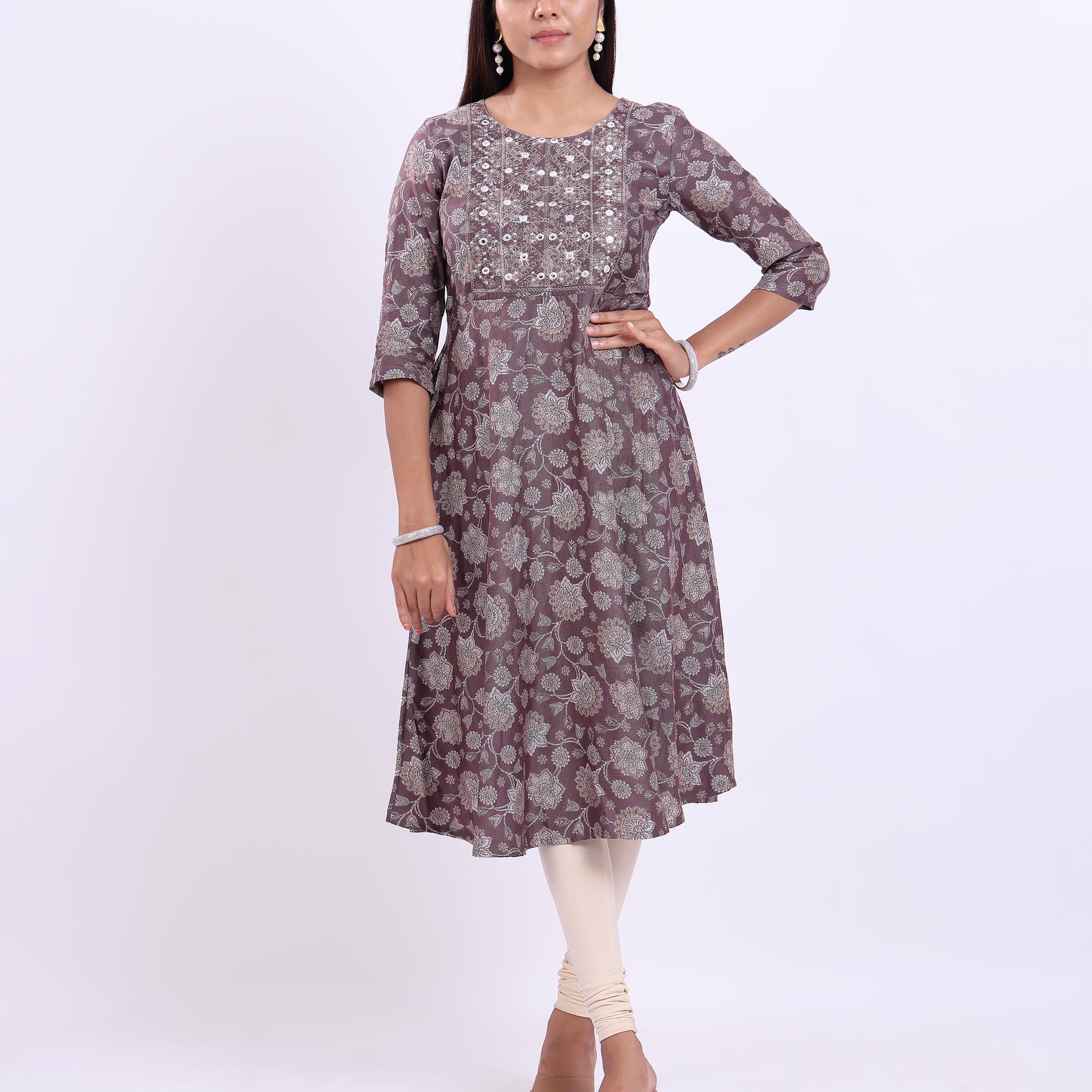 Designer Dark Brown Embroidered Women's Kurti