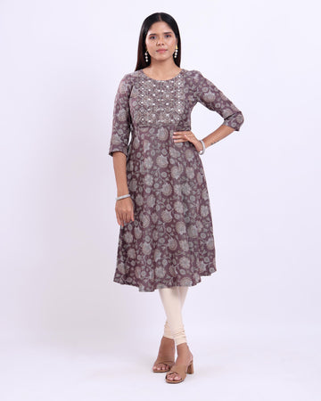 Designer Dark Brown Embroidered Women's Kurti