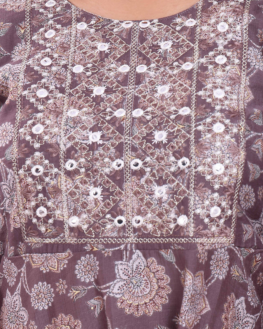 Women's Elegant Embroidered & Floral Printed Flared Kurta - Dark Brown