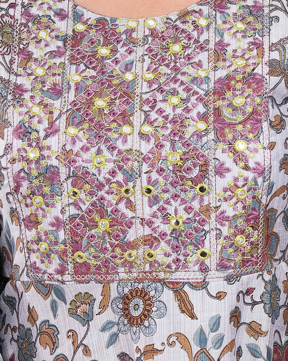 Women's Elegant Embroidered & Floral Printed Flared Kurta - Grey