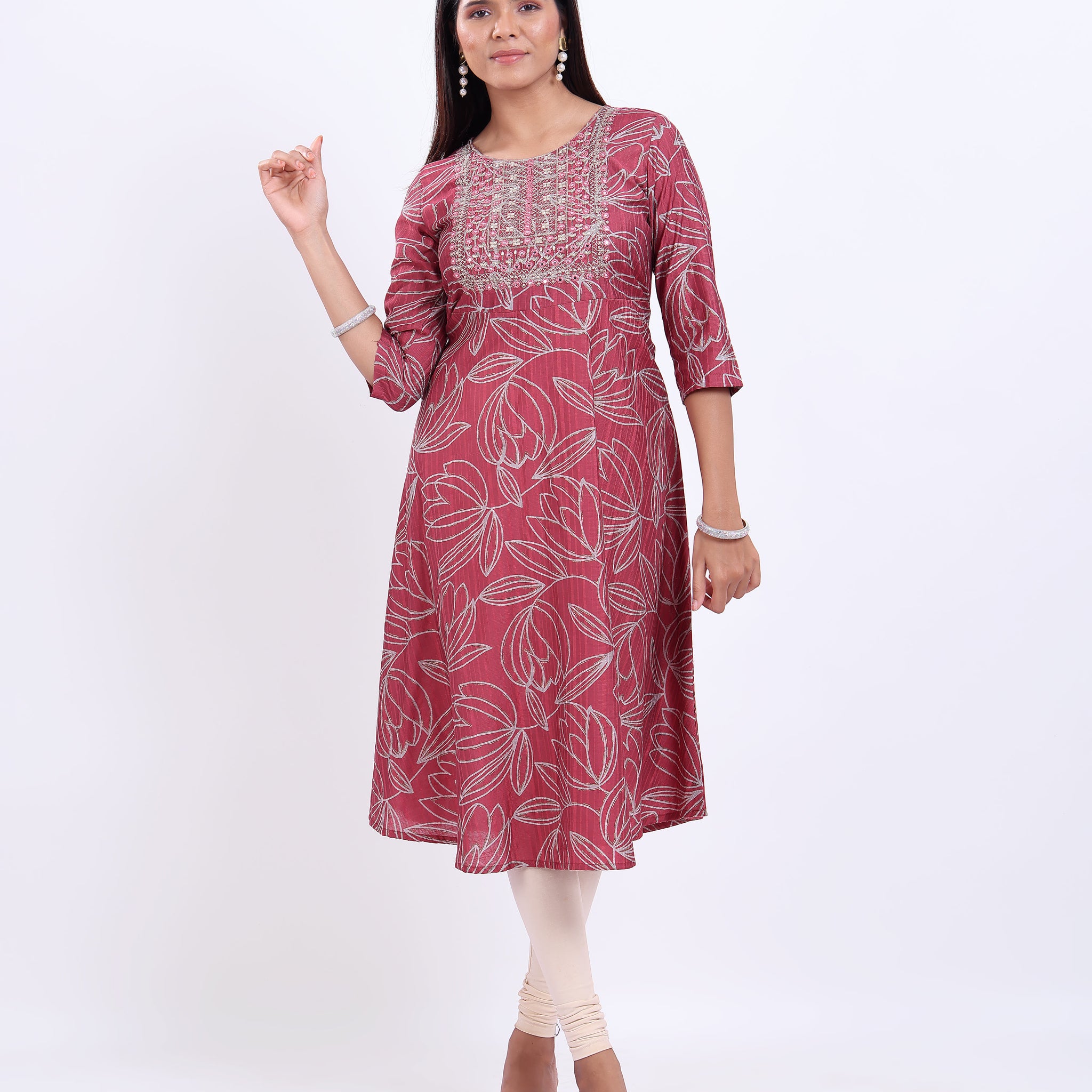 Women's Elegant Embroidered & Floral Printed Flared Kurta - Red