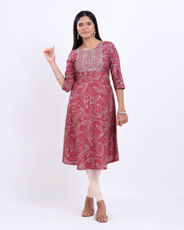 Women's Elegant Embroidered & Floral Printed Flared Kurta - Red