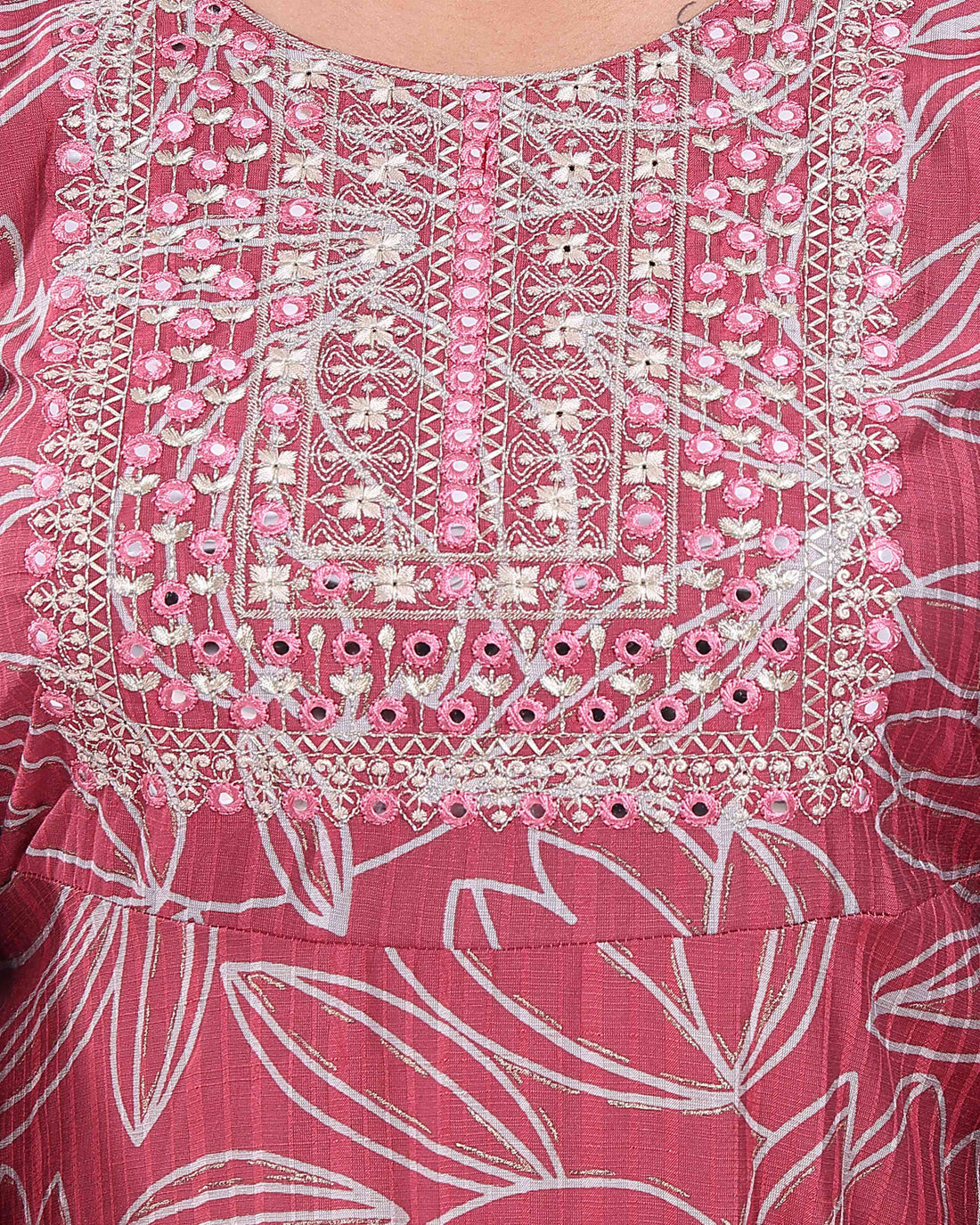 Women's Elegant Embroidered & Floral Printed Flared Kurta - Red