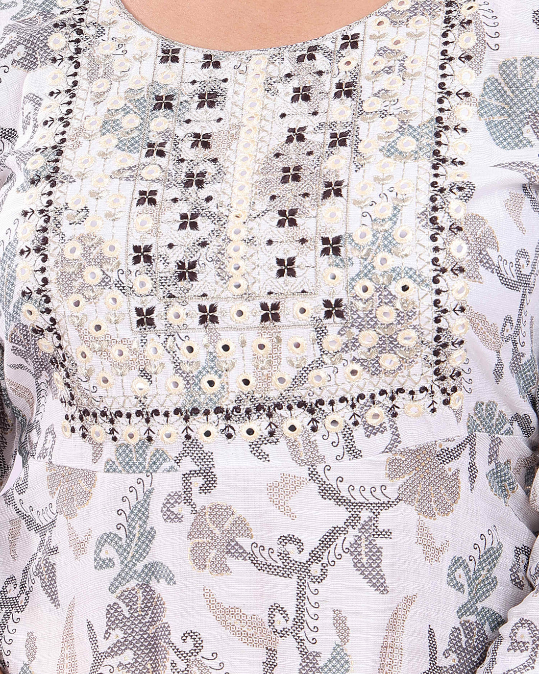 Women's Elegant Embroidered & Floral Printed Flared Kurta - White