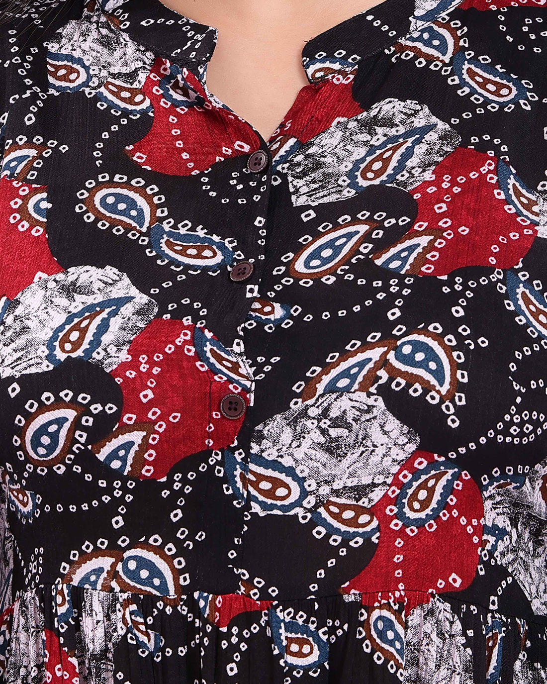 Women's Printed Rayon Kurta with Mandarin Collar - Black