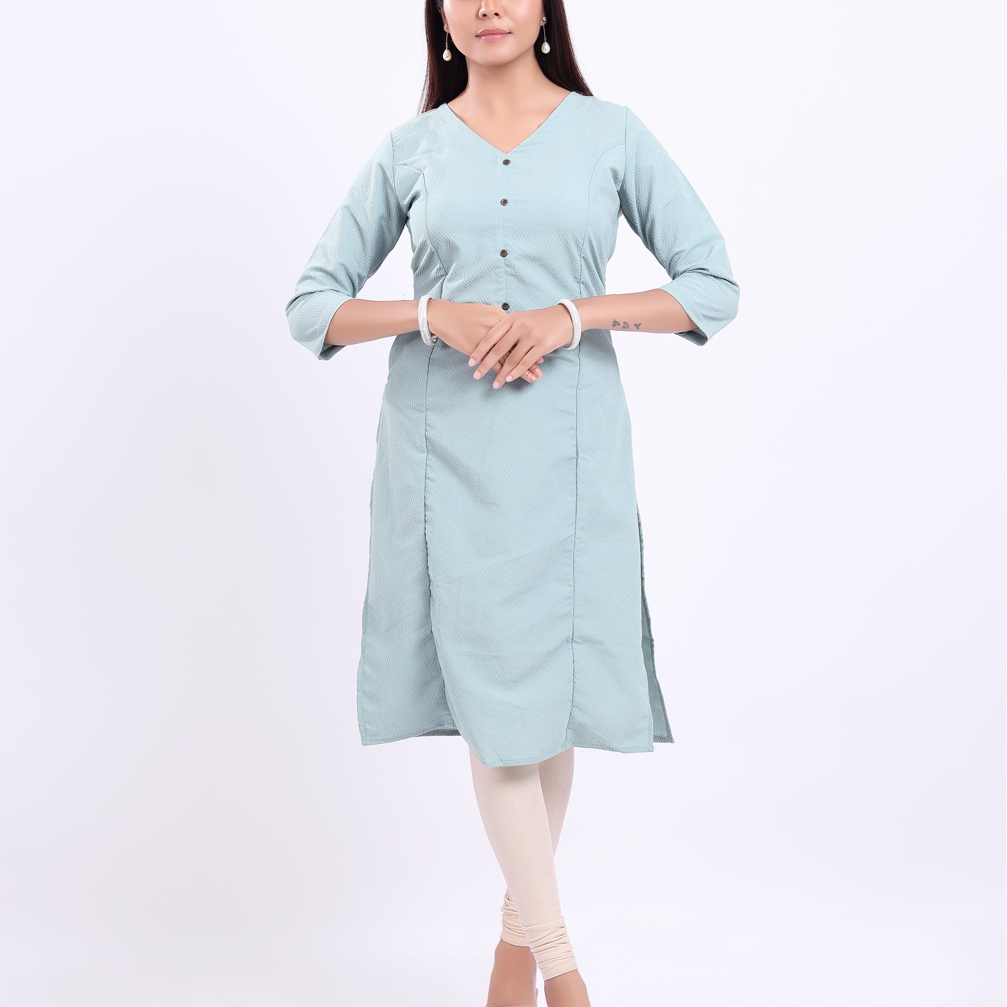 Elegant Women's Solid Straight Kurta with V-Neckline - Blue