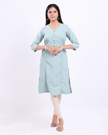 Elegant Women's Solid Straight Kurta with V-Neckline - Blue