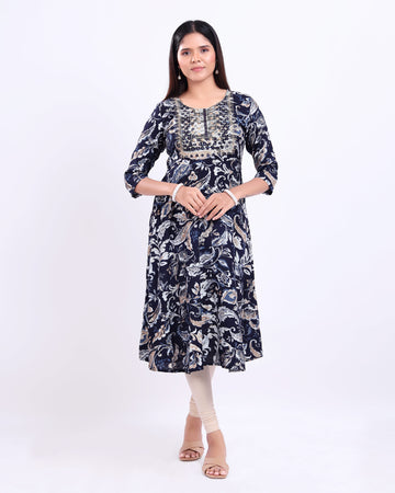 Designer Navy Blue Printed Women's Kurti