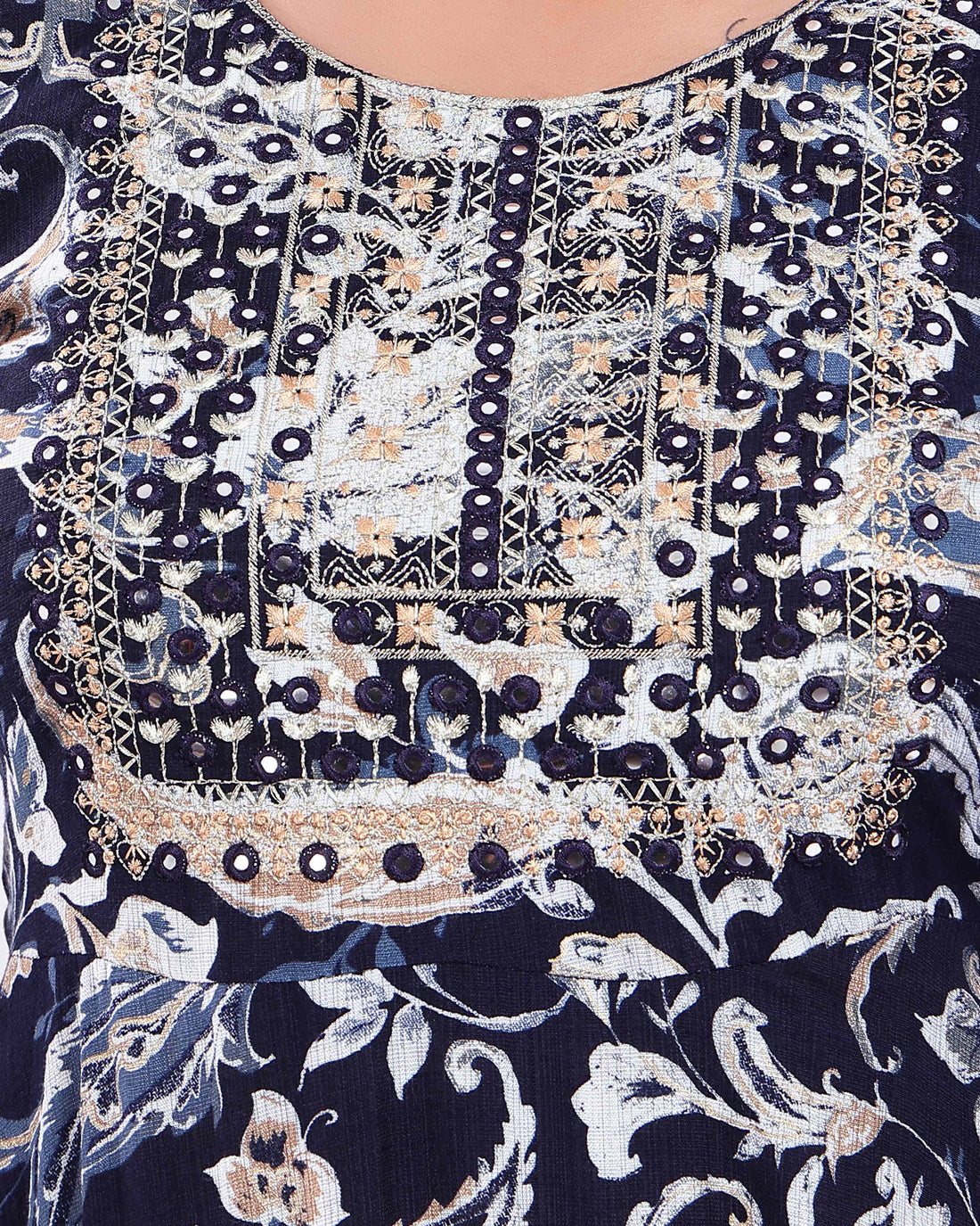 Women's Elegant Embroidered & Floral Printed Flared Kurta - Navy Blue