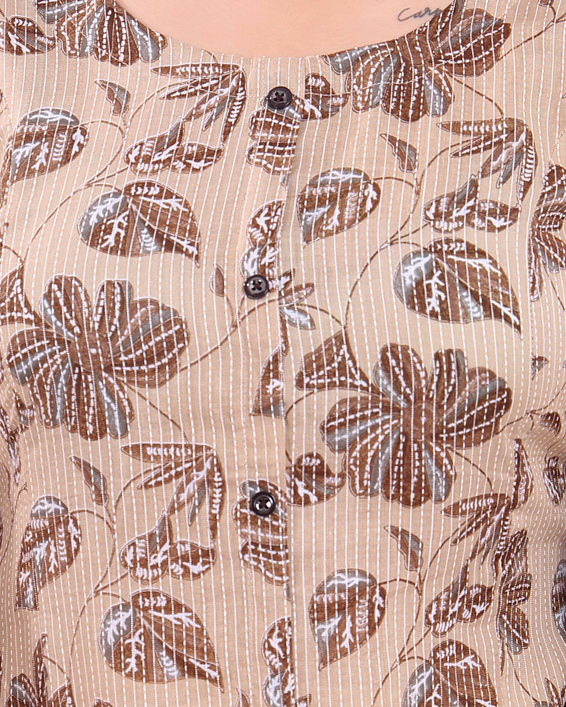 Floral Printed Straight Kurta with Button Detailing and 3/4th Sleeves - Sandal