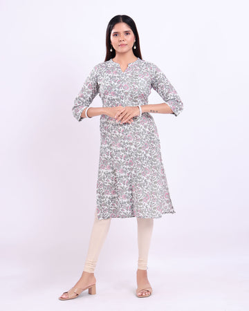 Women's Floral Printed Straight Fit Kurta - White