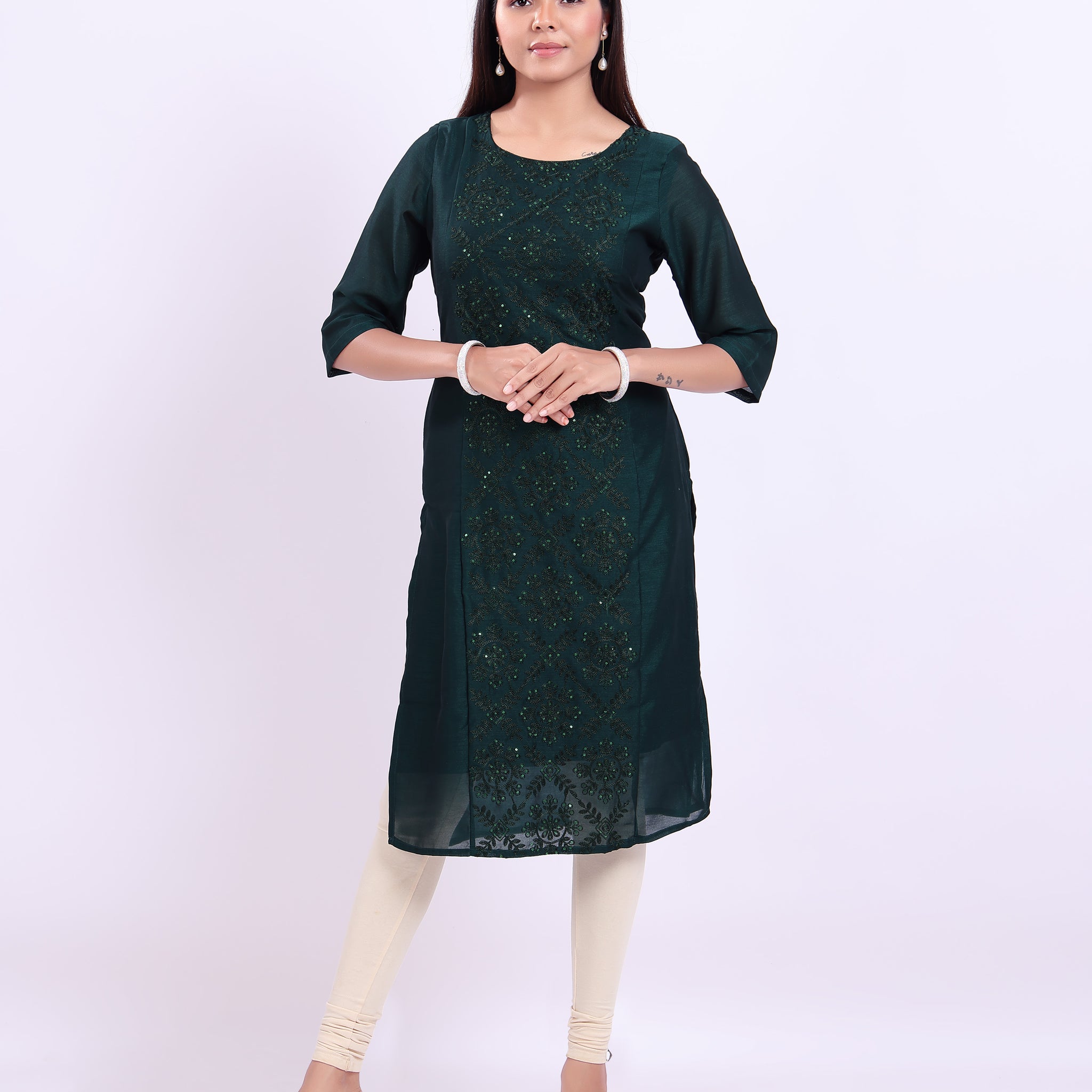 Women's Embroidered Straight Kurta with 3/4th Sleeves  -  Green