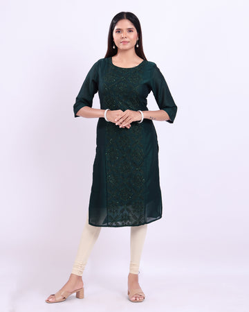 Women's Embroidered Straight Kurta with 3/4th Sleeves  -  Green