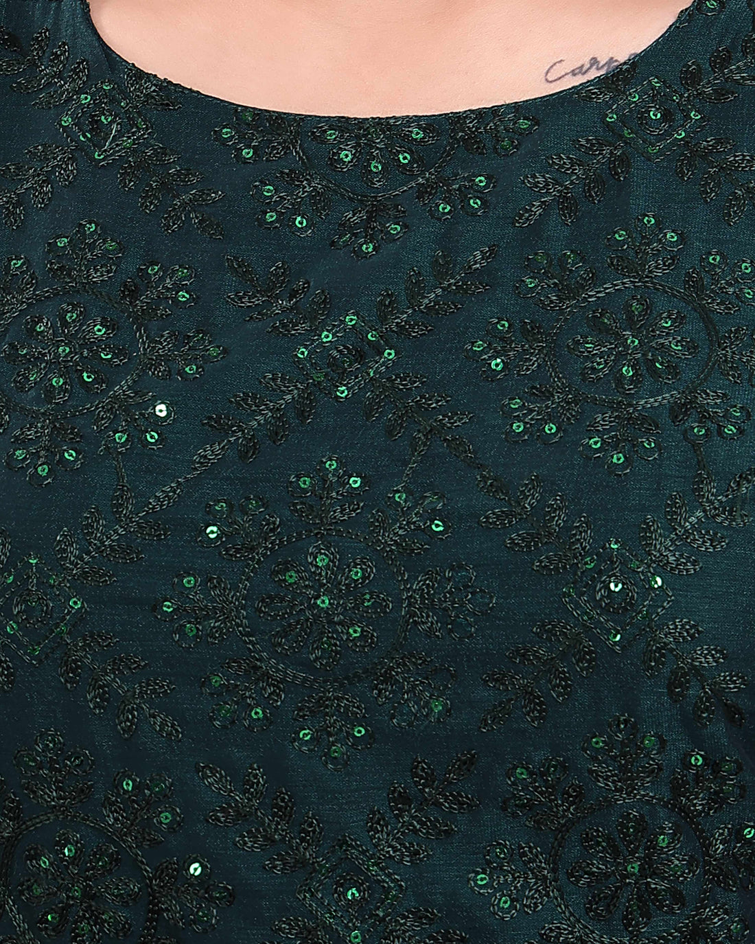Women's Embroidered Straight Kurta with 3/4th Sleeves  -  Green