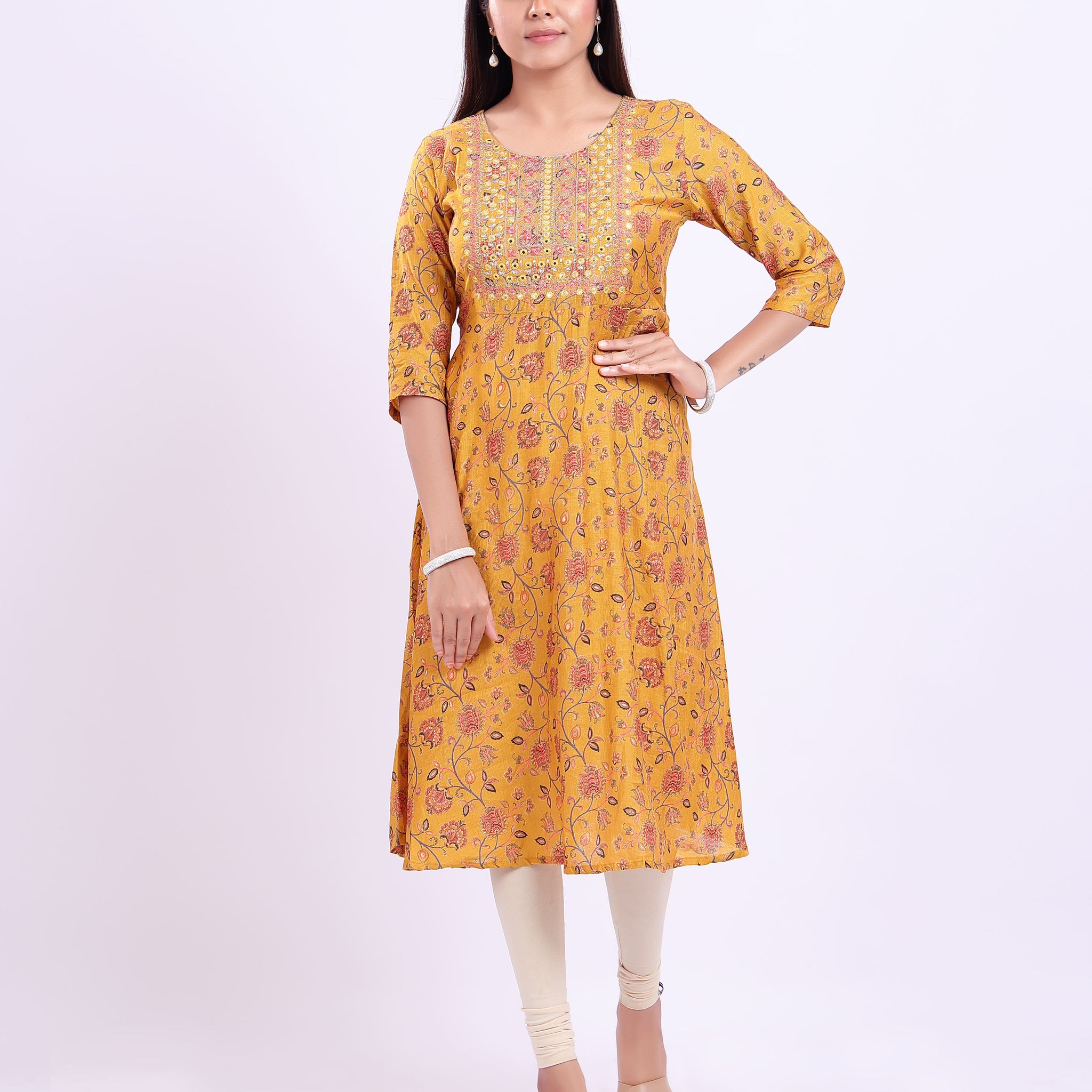 Women's Elegant Embroidered & Floral Printed Flared Kurta - Yellow