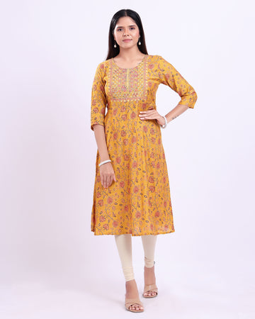 Women's Elegant Embroidered & Floral Printed Flared Kurta - Yellow