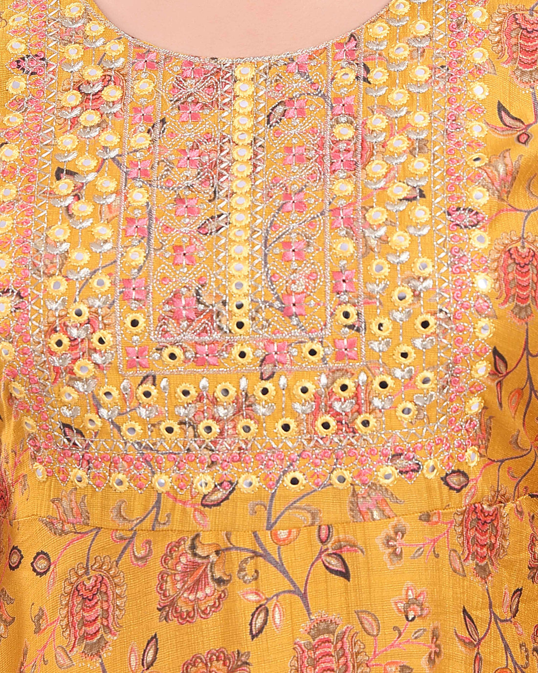 Women's Elegant Embroidered & Floral Printed Flared Kurta - Yellow