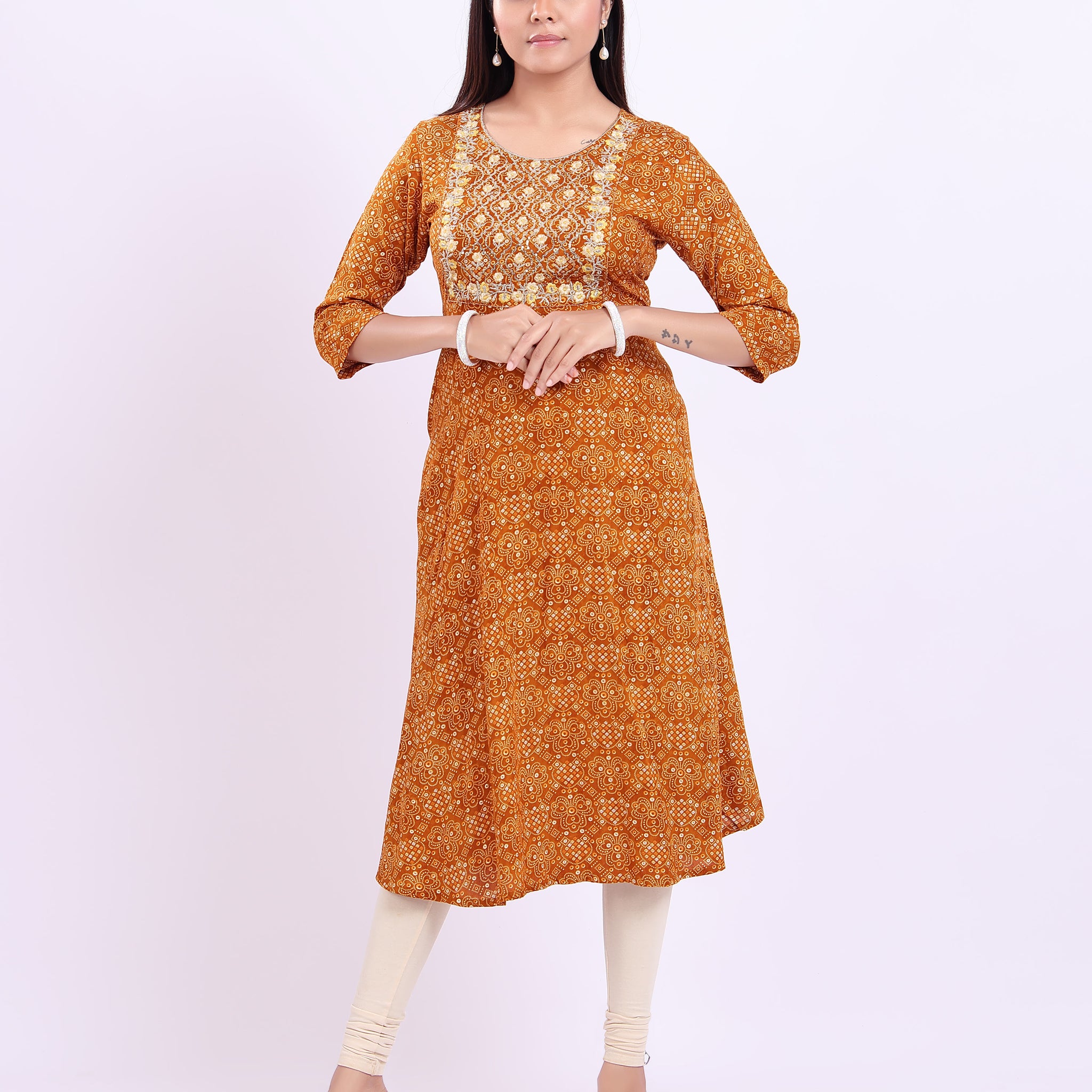 Ethnic Motifs Printed A-Line Kurta with Thread Work - Mustard