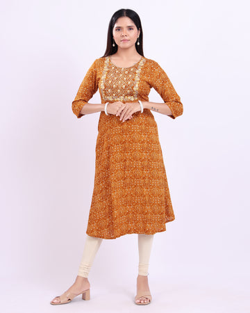 Ethnic Motifs Printed A-Line Kurta with Thread Work - Mustard