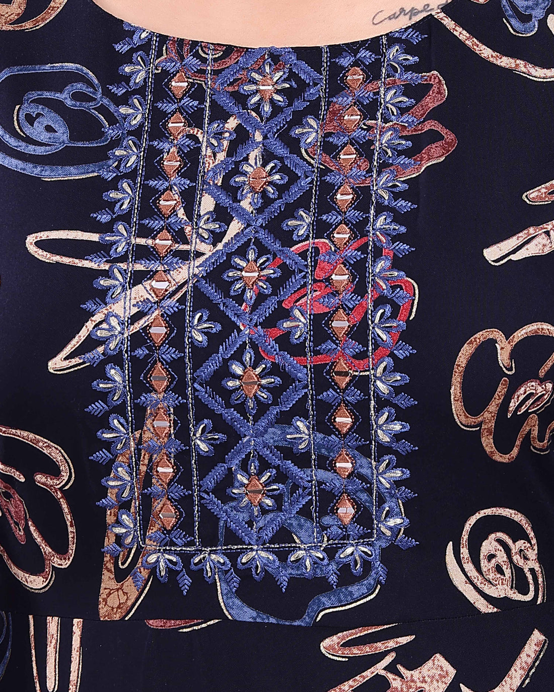 Designer Navy Blue Embroidered Women's Kurti