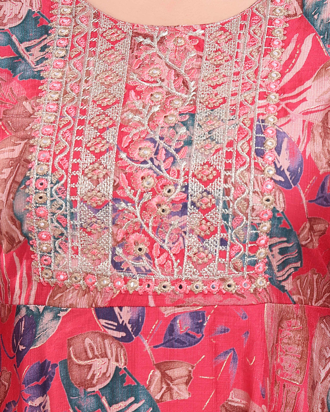 Women's Floral Printed Anarkali Kurta with Embroidered Yoke - Red