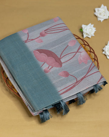 Ethnic Floral Printed Tissue Saree - Green